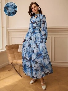 Penseblé 女士优雅浪漫蝴蝶印花长裙，时尚优雅，秋冬 - 藍色 - 查看 7
