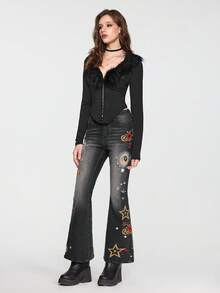 ROMWE EDITION Women's Halloween Moon & Star Embroidered Mysterious Denim Jeans - Black - View 9