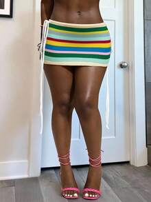 Slaydiva 2025 Summer New Music Festival Western Nomadic Party Sexy Vacation Cruise Travel Beach Sunbathing Viral Hit Vacation Sweet Sexy Cute Casual Striped Knit Cover Up & Knit Mini Skirt Set In Fall/Winter - Multicolor - View 4