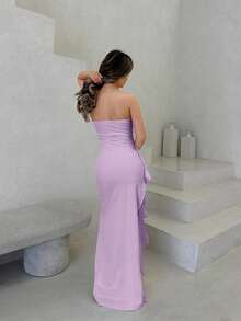 Jemour 夏季伴娘礼服，无袖露肩性感褶皱高开叉荷叶边长款裹身裙，白色 - 淡紫色 - 查看 2