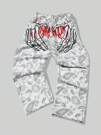 Street Life Pantalon de survêtement à taille coulissante avec poches, jambes droites, imprimé lettres et crâne pour hommes