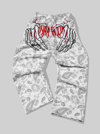 Street Life Men's Letter & Skull Hand Print Drawstring Waist Pockets Straight Leg Sweatpants
