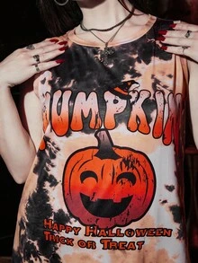 SHEIN VCAY Váy không tay in hình bí ngô và ma cà rồng nhuộm màu cam và đen cỡ lớn cho lễ Halloween, trang phục Halloween, váy nhuộm màu thu, cho tiệc Halloween - màu nâu - Xem 7