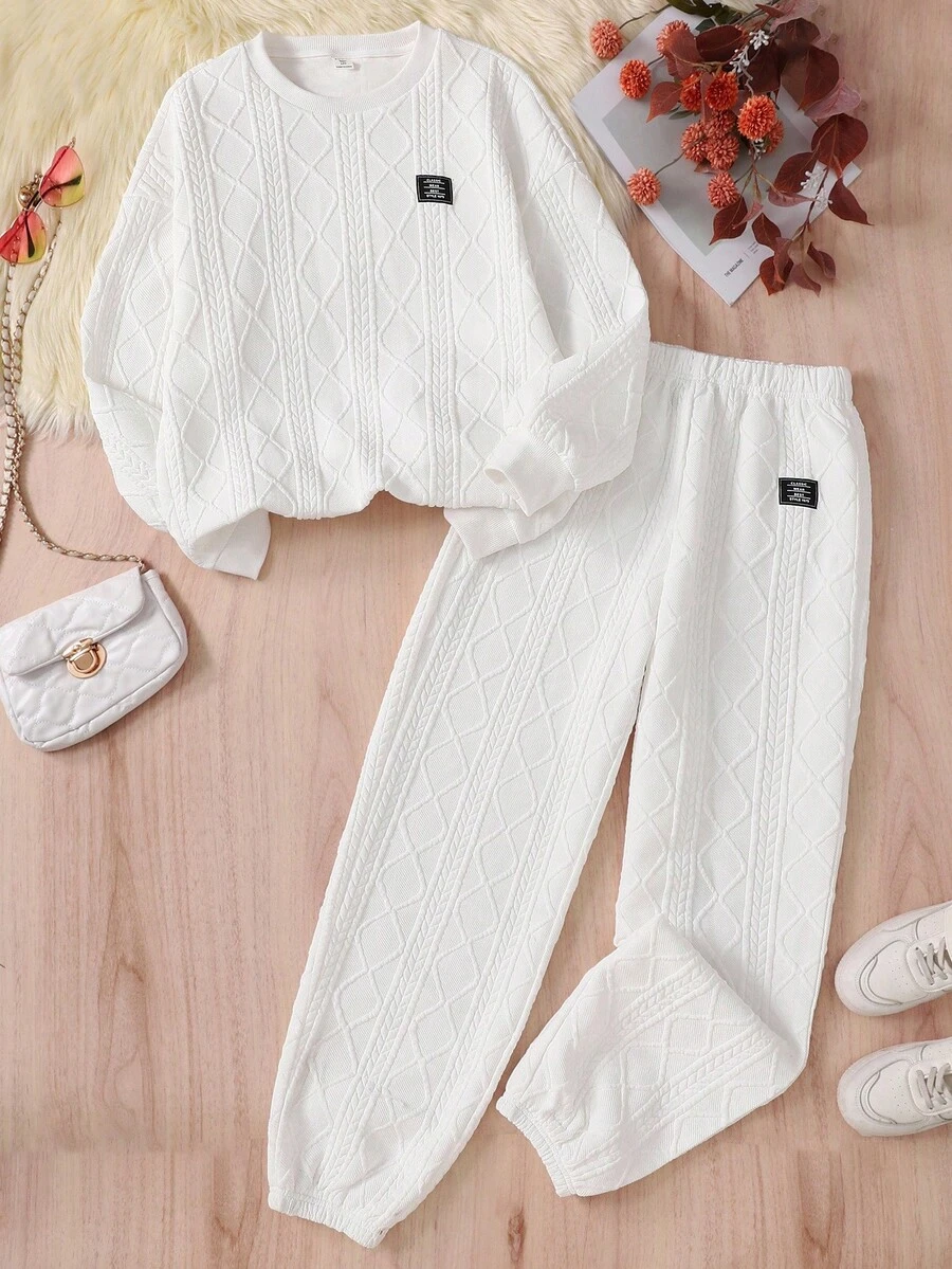 SHEIN 青少年女孩两件套白色纹理休闲基本款字母图案运动衫和运动裤，秋冬，运动服，返校季 - 白色 - 查看 1