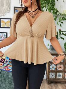 Flirla Plus Size Summer Casual Solid Color V-Neck Ruffle Sleeve Short Hem T-Shirt - Apricot - View 5