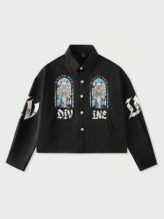 Goth Chaqueta de hombre con estampado religioso, estilo suelto y corto, para otoño, estilo grunge