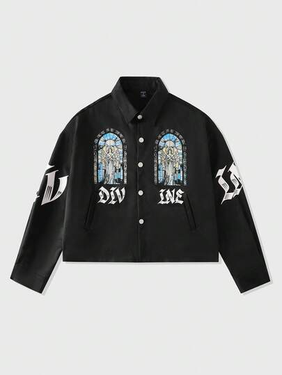 Goth Men's Printed Religious Pattern Jacket, Loose Cropped Style , Fall, Grunge