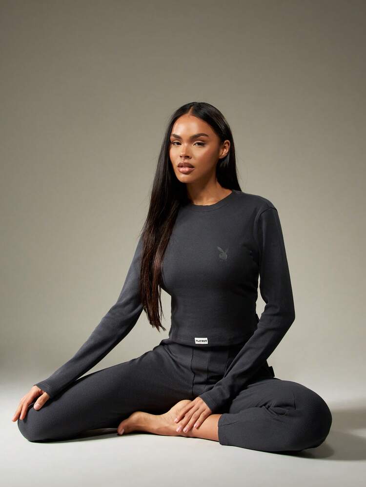 Missguided x Playboy Top corto de manga larga acanalado y leggings de cintura alta para Navidad