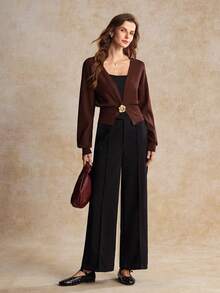 House of One Long Sleeves Deep V Cardigan Sweater With Rose Metal Decoration Women Autumn Winter Elegant