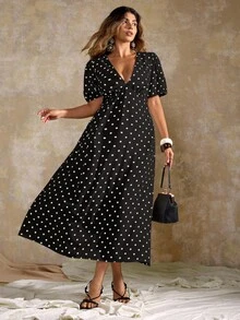 Roveilla Plus Size Elegant Minimalist Polka Dot V-Neck Short Sleeve Dress Polka Dot Dress Women Plus Size Dress Black And White Polka Dot Dress Plus Size Polka Dot Dress V Neck Polka Dot Dress - Black - View 6