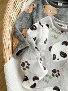 SHEIN 4pcs/Set Baby Boy/Girl Cute Fluffy Cartoon Bear Print Long Sleeve Pajama Set, Unisex Baby Clothes, Baby Winter Clothes Baby Unisex Clothes Sets - Multicolor - View 3