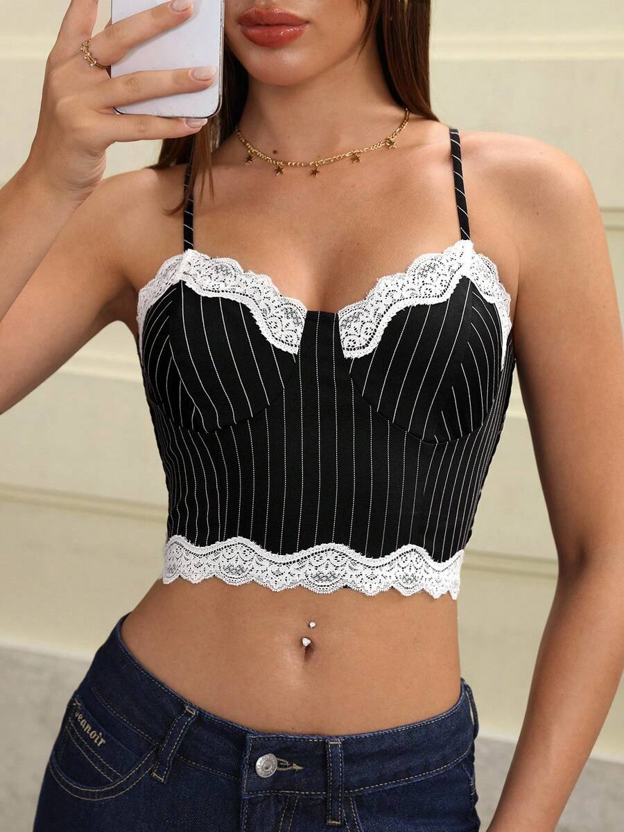 Flirla Lace Sleeveless Camisole, Cute & Sexy Street Style Back To School Party Top For Women - Black - View 1