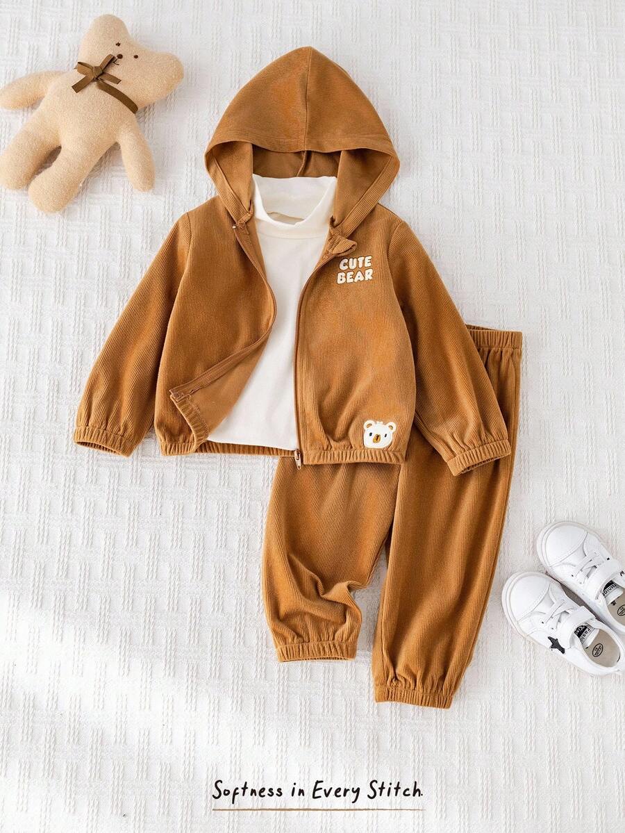 Cozy Pixies 2pcs Baby Boy Cartoon Bear Hooded Long Sleeve Pullover Jacket And Elastic Waist Long Pants Set Fall Winter - Brown - View 1