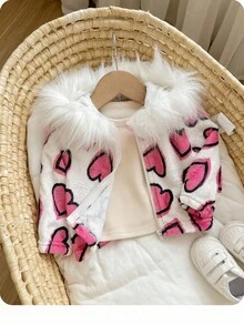 Newborn Baby Girl Cute Versatile Fuzzy Heart Pattern Hooded Jacket, Autumn/Winter Fall