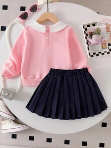 2pcs/Set Young Girls Back To School Collegiate Style Sweatshirt & Pleated Skirt Set, Pink Collar Sweatshirt With Letter Print, Navy Blue Pleated Skirt, School Uniform Look Fall Winter - Pink - View 2