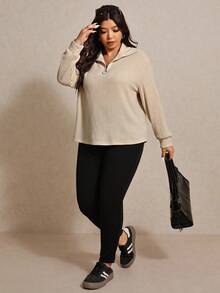 Elaquor Plus Size Women Casual All-Match Solid Color Loose Fit Half Zip Textured Knit T-Shirt, Autumn Plus Size Ribbed Knit Top Plus Size Half Zip Sweater Plus Size Jumper Plus Size Waffle Knit Top Plus Size Sweater