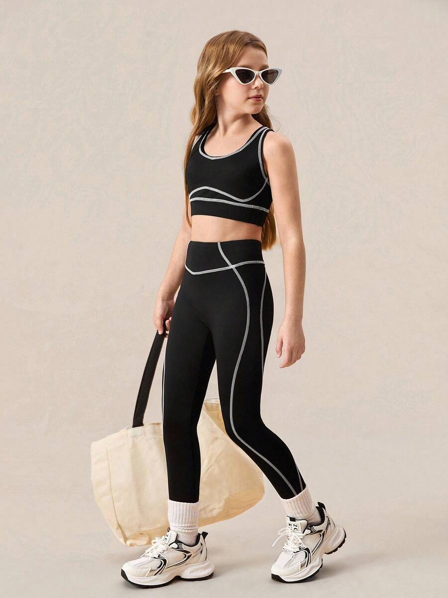SHEIN Conjunto de ropa deportiva informal para niñas preadolescentes - Diseño de tirantes elásticos, chaleco deportivo negro cómodo y elástico, y pantalones de yoga, adecuado para correr, ciclismo, fitness, baloncesto, fútbol, tenis, bádminton - Negro - Ver 1