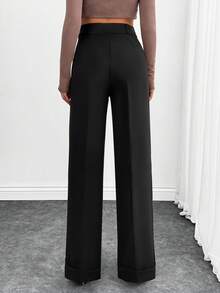 EURMUSE Fashionable Versatile Solid Color High Waist Straight Leg Pants - Black - View 2