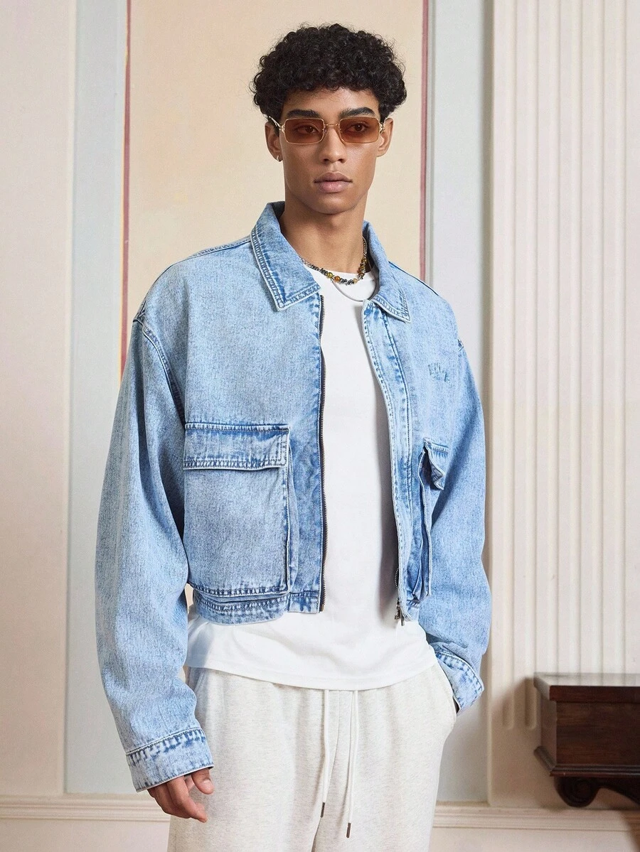 SWAVVY 男士牛仔夹克，时尚复古休闲夹克，秋季 - 淺藍色 - 查看 1