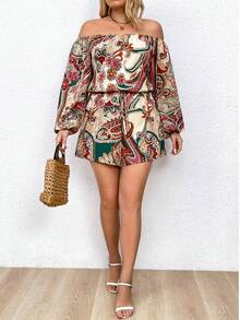 SHEIN Clasi 大码佩斯利印花露肩连体裤 - 彩色 - 查看 5