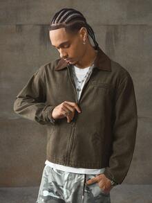 AXEPEAK Áo khoác nam màu tương phản, ve áo thời trang, áo khoác ngắn phong cách, mùa thu - màu nâu - Xem 4