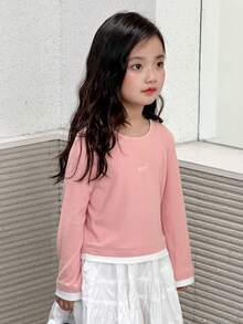 Dazy Kids Tricou pentru fete tinere, cu guler rotund, tricotat, cu broderie cu litere, în culori contrastante, toamnă