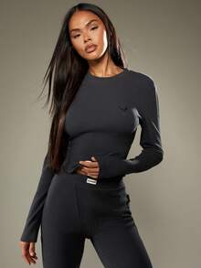 Missguided x Playboy Christmas Ribbed Long Sleeve Crop Top With High Waisted Leggings - Navy Blue - View 4