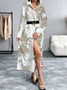 Breezaya 女士时尚扎染印花衬衫裙，春秋季长款女装长衬衫裙长款休闲连衣裙女式长袖连衣裙 - 卡其色 - 查看 4