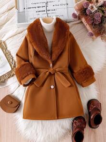 SHEIN Elladie kids Young Girls' Overcoat With Faux Fur Collar, Elegant & Cute, Suitable For Young Girl In Winter Fall - Brown - View 5