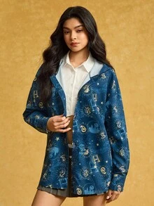HARRY POTTER X SHEIN 女士字母印花连帽长袖衬衫 - 藏蓝色 - 查看 4