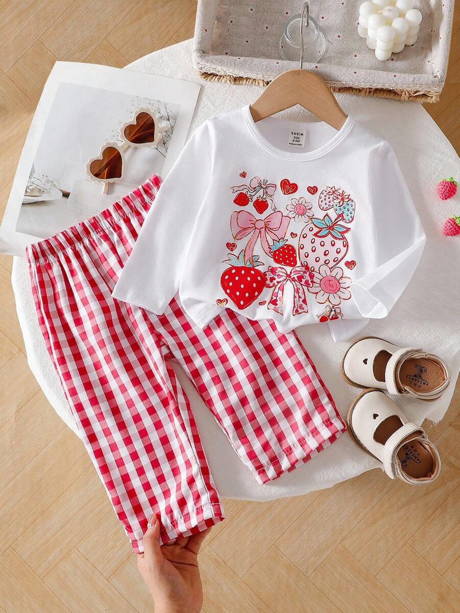 SHEIN Vintaside Kids 女婴蝴蝶结草莓印花T恤和格子裤套装 - 紅色 - 查看 1