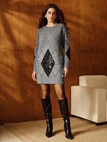 Anewsta 女士休闲针织中长连衣裙，饰有3D亮片，双色亮片串珠刺绣 - 灰色 - 查看 3