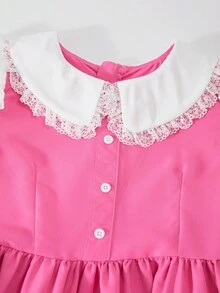 Tween Girl Ruffle Collar 2 In 1 Pleated Bowknot Long Dress Fall Winter - Pink - View 5