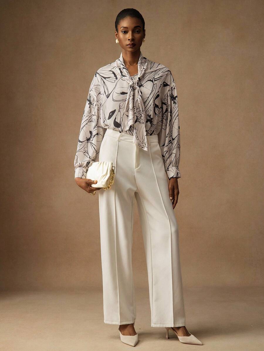 Lyxana 女式花卉蝴蝶印花雪纺灯笼袖系带衬衫 - 彩色 - 查看 1