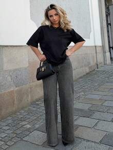 Jeta Ari Quần denim ống đứng dáng rộng có túi cho nữ - Màu Xám nhạt - Xem 6