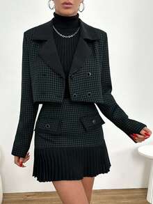 RueChic Set Aus Hahnentritt-blazer Und Farbblock-faltenrock Für Damen Mit Reverskragen - Khaki - Übersicht 6