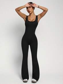 Dewbera Plain Black Sleeveless Sports Unitard With Comfortable Fabric And Stylish Design Flare Jumpsuit Jumpsuit For Women Bodycon Jumpsuit Flared Leggings Jumpsuit