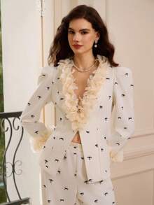 Penseblé Women's Suit Set, Contrast Color Design, Floral & Bow Print - Black and White - View 6