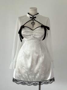 Sunspun 新款时尚设计提花拼接雪纺袖长袖改良中式旗袍裙带蕾丝蝴蝶结 - 白色 - 查看 4