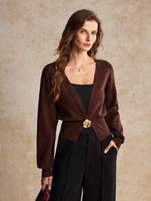 House of One Long Sleeves Deep V Cardigan Sweater With Rose Metal Decoration Women Autumn Winter Elegant