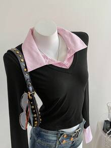 Elamini 1pc Women's Striped Splice Asymmetrical Hem Tight Long Sleeve T-Shirt, 2 In 1 Shirt Collar, Fashion Casual Street Style, Autumn/Winter Graphic Tees Women Tops For Spring - Multicolor - View 6