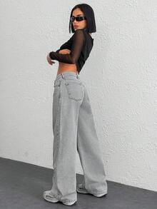 EURMUSE WOMEN CLASSIC LOW WAIST WIDELEG FIT LIGHT GRAY COLOR JEAN LONG LENTH BLACK BUTTON DETAIL - Light Grey - View 2