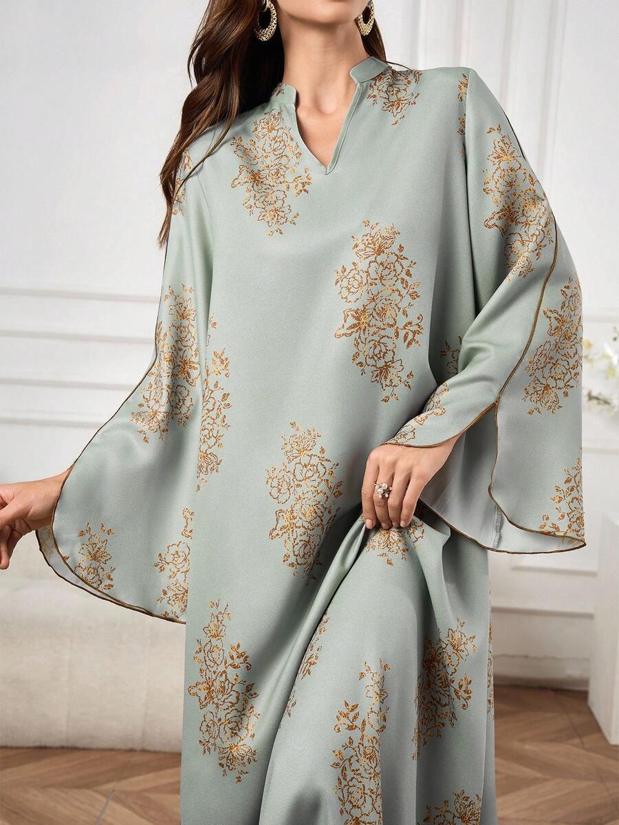 Al Najma 女士优雅印花长袖阿拉伯风格连衣裙 - 彩色 - 查看 1