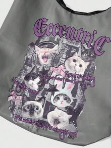 ROMWE Anime Cat Print Fashion Portable Large Capacity Women Tote Bag - Grey - View 4