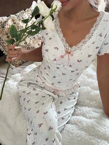 CottageSlumber CottageSlumber Conjunto de pijama casual de mujer CottageSlumber con estampado floral de jacquard cómodo