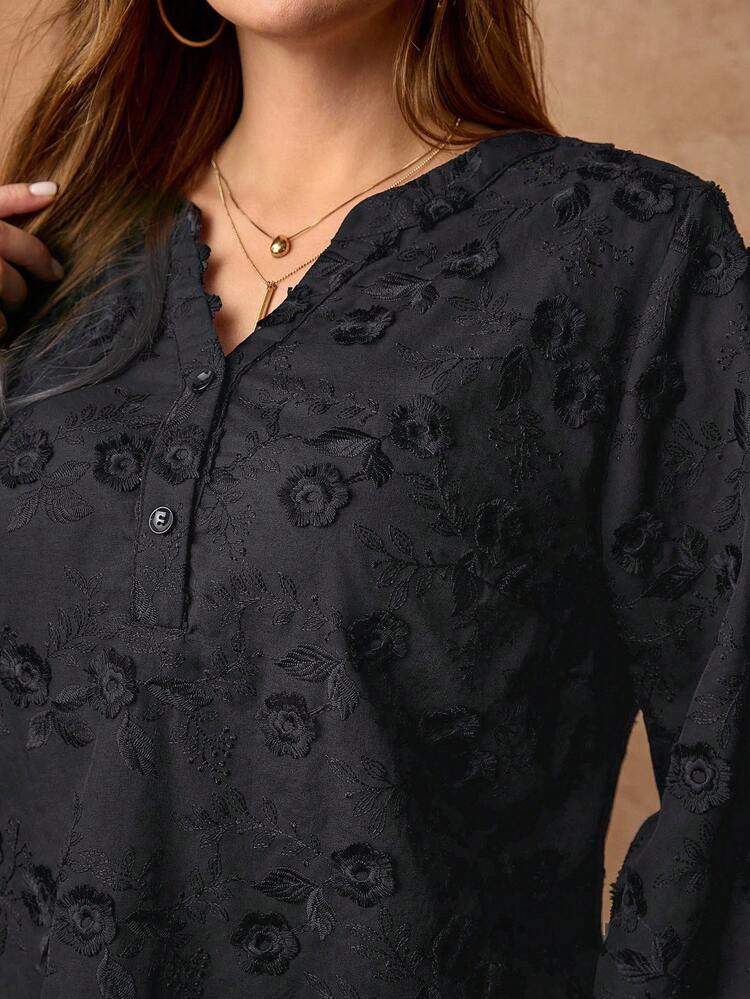 Plus Size Floral Embroidery Casual Vacation Shirt,Black Tops, Winter Clothes For Women, Christmas,Black Tops,Plus Size Winter Clothes Elegant Casual