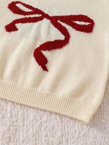 SHEIN 女童蝴蝶结提花针织套头衫，复古宽松柔软针织毛衣，红色格子百褶裙，适合万圣节、圣诞节、返校季