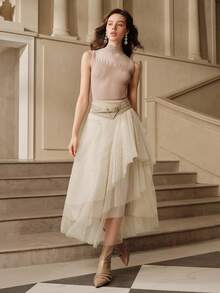 SHEIN Unity 杏色金箔不对称下摆女裙，适合秋季、秋季、冬季、外出、优雅、正式、别致、新年、圣诞节、工作、毕业、婚礼 - 杏色 - 查看 1