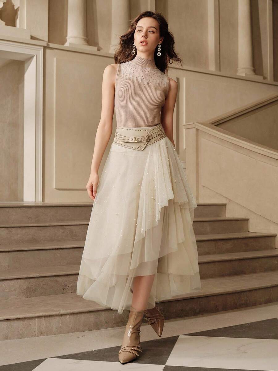 SHEIN Unity 杏色金箔不对称下摆女裙,适合秋季、秋季、冬季、外出、优雅、正式、别致、新年、圣诞节、工作、毕业、婚礼 - 杏色 - 查看 1