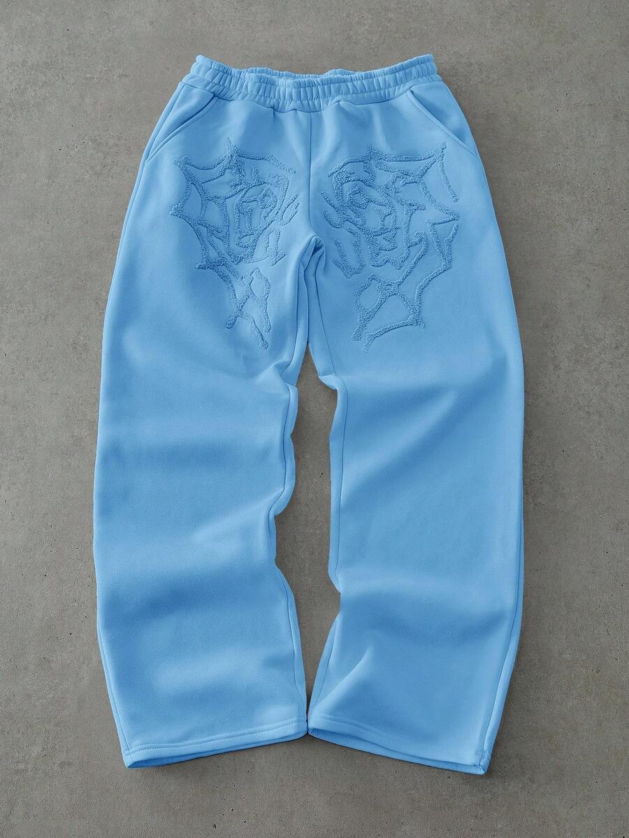 PAVTROS 男士街头风流行 INS 配色蜘蛛网和心形刺绣毛巾布休闲裤，男友/丈夫礼物，周年纪念礼物，时尚宽松粉色运动裤